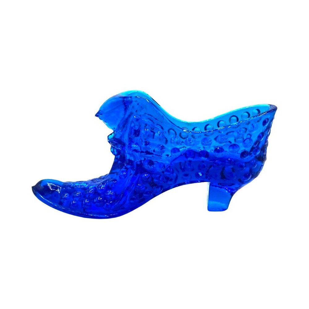 Vintage Fenton Cat Head Bow Hobnail Bright Cobalt Blue Glass Shoe Art Glass
